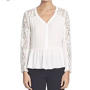 CeCe Women's L Lace Sleeve Ruffled Peplum V-Neck